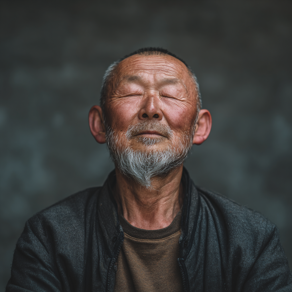 Умиротворенная пожилая европейская женщина в белой одежде медитирует в позе лотоса на коврике для йоги в светлой студии с растениями