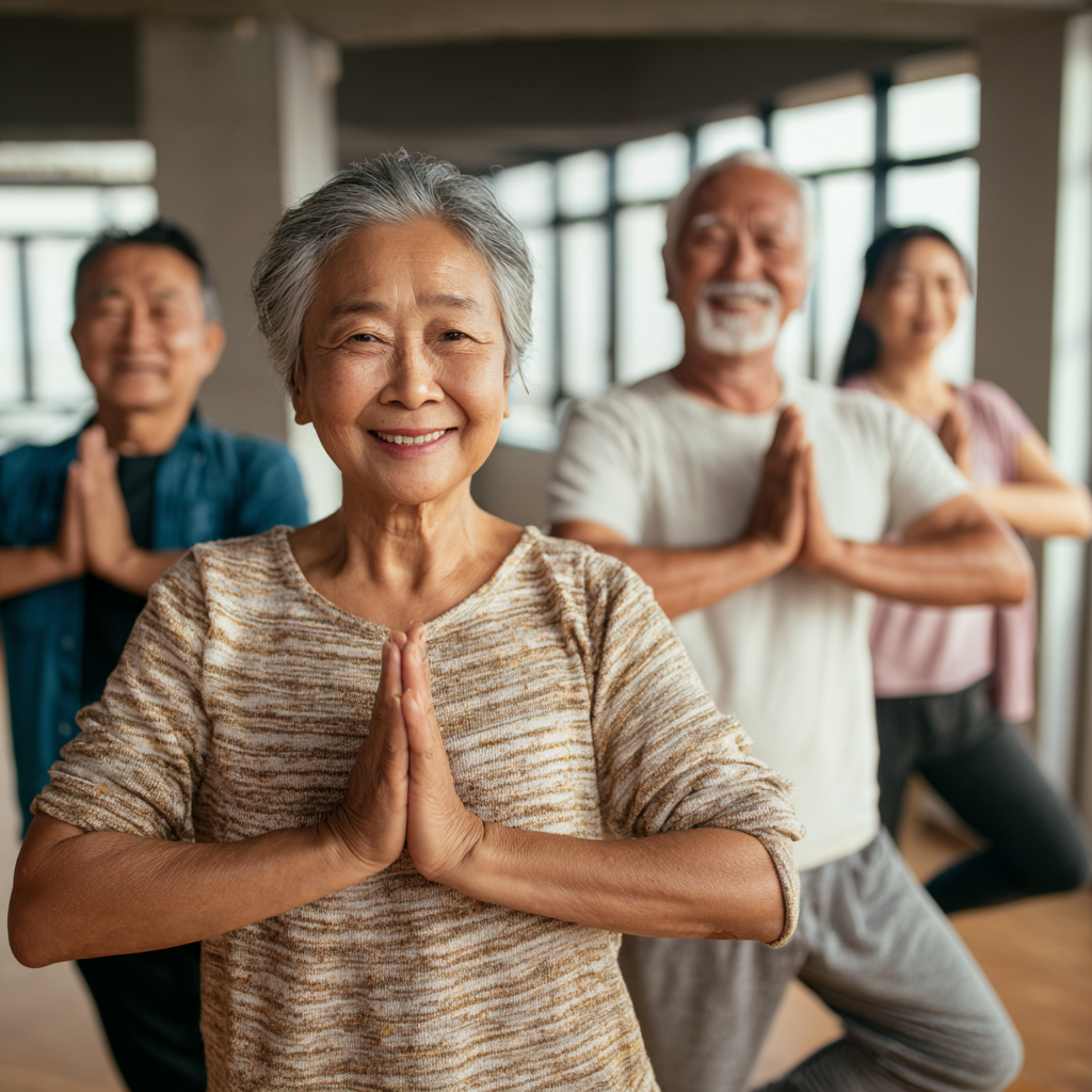 Улыбающийся пожилой европейский мужчина выполняет дыхательную технику йоги, сидя в удобной позе на природе в золотой час