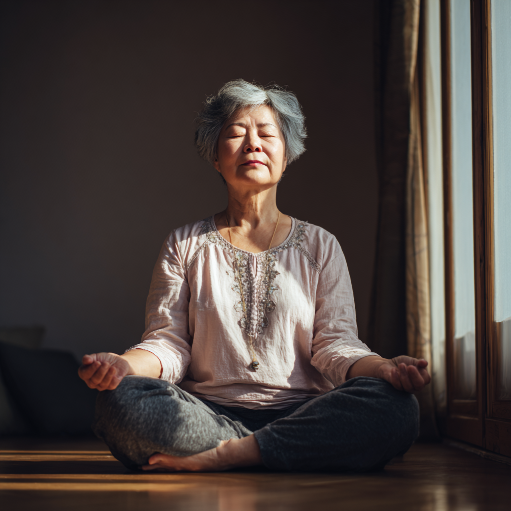 Группа улыбающихся пожилых европейцев разных возрастов сидят в кругу на ковриках для йоги, общаются в теплой атмосфере студии